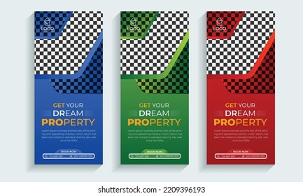 Real Estate roll up banner or cover design template,
Vertical, Horizontal and luxury background with standard size,
Modern  luxury property, home or house sale advertising post.