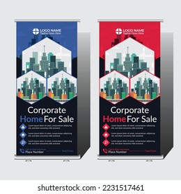 Real Estate Roll Up Banner Template. Geometric shapes exhibition real estate roll up banner template