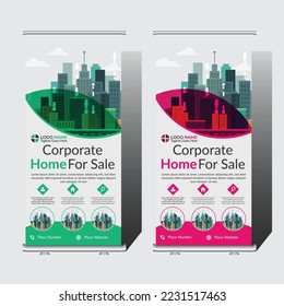 Real Estate Roll Up Banner Template. Geometric shapes exhibition real estate roll up banner template