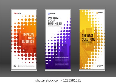 Real estate roll up banners design templates set. Vertical banner for event with halftone effect vector illustration on background.