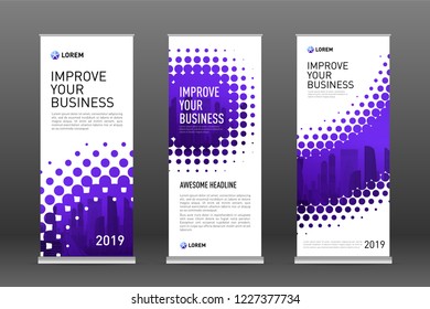 Real estate roll up banners design templates set. Vertical banner for event with halftone effect vector illustration on background.