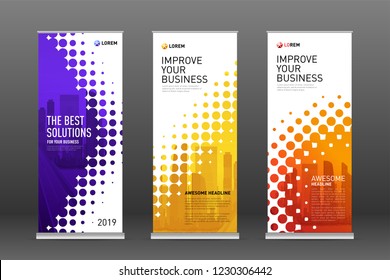 Real estate roll up banners design templates set. Vertical banner for event with halftone effect vector illustration on background.