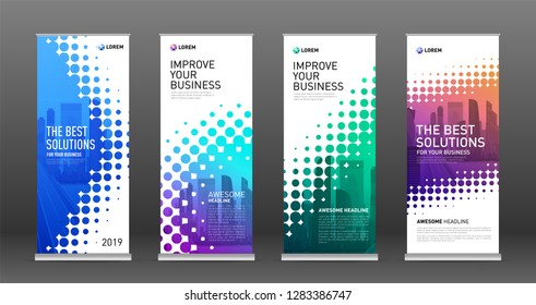 Real estate roll up banners design templates set. Vertical banner for event with halftone effect vector illustration on background.