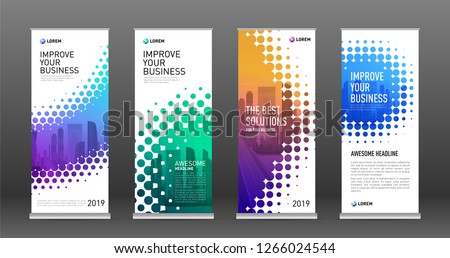 Real estate roll up banners design templates set. Vertical banner for event with halftone effect vector illustration on background.