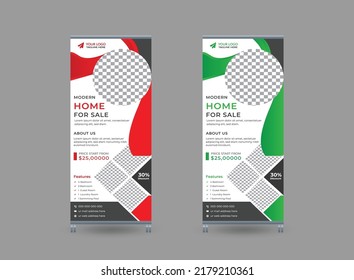 Real estate roll-up banner template design. Standee Design. Corporate signage. Modern x-banner and flag-banner pull-up print design for advertising