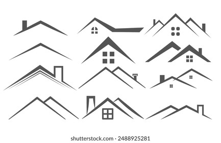 Real Estate Roof Icon Silhouette Diverse Roof Collection Isolated on White Background.