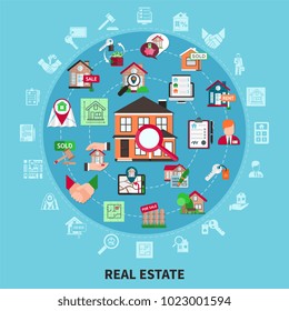 Real estate round composition with isolated icon set combined in big circle vector illustration