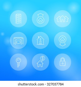 Real estate, round white linear icons, vector illustration