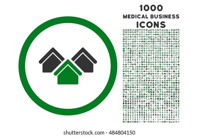 Real Estate rounded vector bicolor icon with 1000 medical business icons. Set style is flat pictograms, green and gray colors, white background.