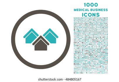 Real Estate rounded vector bicolor icon with 1000 medical business icons. Set style is flat pictograms, grey and cyan colors, white background.