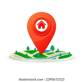 Compra de bienes raíces. Icono del hogar en la ubicación pin rojo lugar en el mapa GPS por ubicación del bordado en el centro de la ciudad aislado en fondo blanco. Concepto de inversión inmobiliaria. Por publicidad. Vector 3D