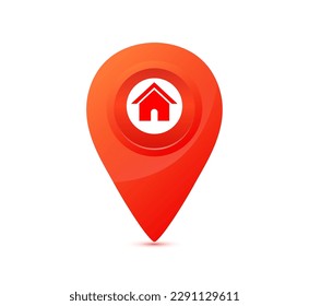 Real estate sale buying. Home icon in location pin red isolated on white background. Property investment concept. For advertising. 3D Vector