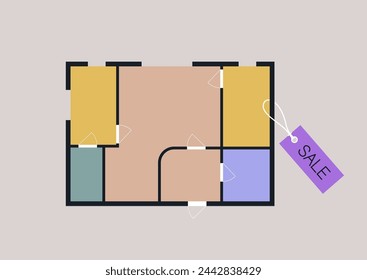 Real estate for sale, A floor plan displaying different sections of an apartment, with a price tag attached to it