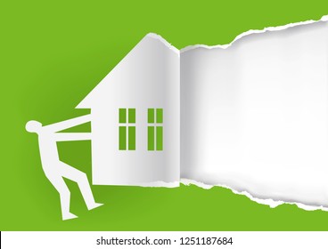 

Real estate for sale, green background template.
Male silhouette ripped green paper with house silhouette. Concept for Real estate for sale or doors open days. Vector available.