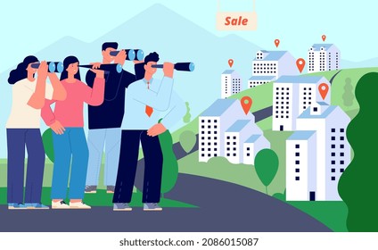 Real estate sale. People waiting bidding. Houses and apartments bargaining price. Mortgage or rent, woman man with binoculars looking buildings, vector illustration