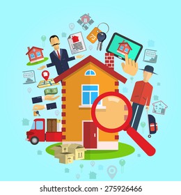 Real estate sale rent agency concept on blue background flat vector illustration 