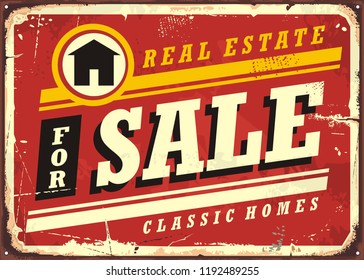 Real Estate For Sale Retro Tin Sign Design Layout. Homes, Buildings And Houses Vintage Poster For Real Estate Agency. Vector Ad Flyer Template