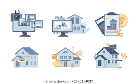 Escenas inmobiliarias. Video Revisión de diferentes casas, venta online de edificios con descuento o préstamo hipotecario. Casa ecológica, concepto de piso de Vector