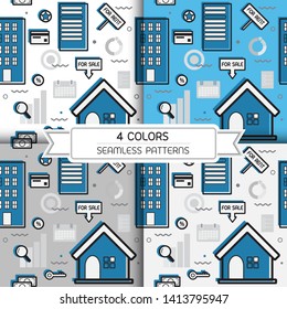 Real estate seamless pattern background, vector illustration.4 colors of house,condominium,money cartoon wallpaper for backdrop, package,print,paper wrap,textile design.