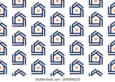 Real Estate Seamless Pattern Design. Vector Pattern Template. Repeating geometric pattern illustration of a modern and trendy house symbol with windows in the middle. Isolated property shape icon in t