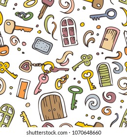Real Estate seamless pattern. Keys, Doors, Windows pattern, doodle style. Hand drawn vector illustration.