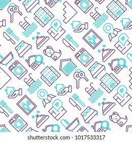 Real estate seamless pattern with thin line icons: apartment house, bedroom, keys, elevator, swimming pool, bathroom, facilities. Modern vector illustration.