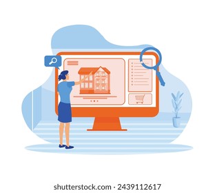 Real estate search. Buying property concept, people group looking home on market. Buy or rent house online, building project utter scene. flat vector modern illustration