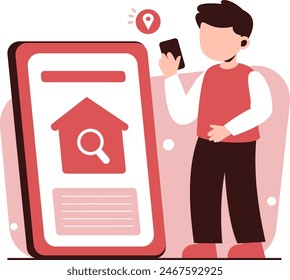 Real estate search. character using smartphone search for new property