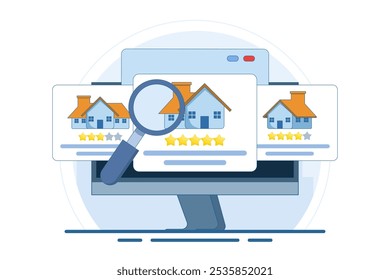 Real estate search concept, real estate, houses to buy, properties for sale. Real estate listings, houses for sale. Browse search for apartments for rent, residential properties. vector illustration.