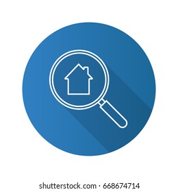 Real estate search flat linear long shadow icon. Looking for apartment. House hunt. Magnifying glass with building inside. Vector outline symbol