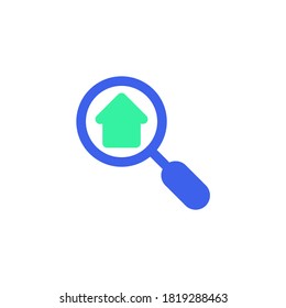 Real estate search icon vector, house and magnifying glass filled flat sign, search home bicolor pictogram, green and blue colors. Symbol, logo illustration