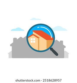 Real Estate Search Illustration, magnifying glass highlighting a house selection, with a background of housing silhouettes. Perfect for property, real estate, or housing development projects