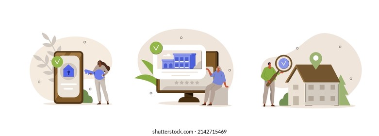 Real estate search illustration set. Characters searching and choosing apartment or house for renting or buying. Property market concept. Vector illustration.