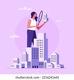 Real estate search or investment. Buying property concept, woman looking home on market. Buy or rent house online, vector illustration