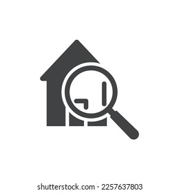 Immobiliensuche, Vektorsymbol. volles Flachzeichen für mobiles Konzept und Webdesign. Die Lupe des Hauses ist eine einfache, feste Ikone. Symbol, Logo-Abbildung. Pixel perfekte Vektorgrafik