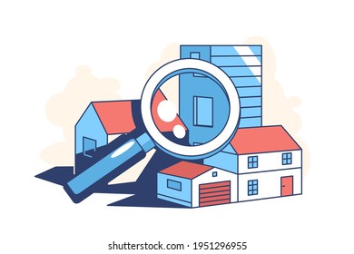 Real estate search vector illustration. Building and magnifying glass flat style. Purchase and sale of apartments. Mortgage. Property agency concept. Isolated on white background