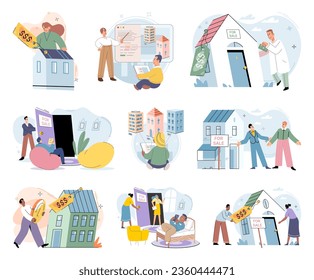 Real estate search. Vector illustration The property with mortgage offered individuals opportunity to build wealth Buyers sought professional advice when considering new home purchase Renting