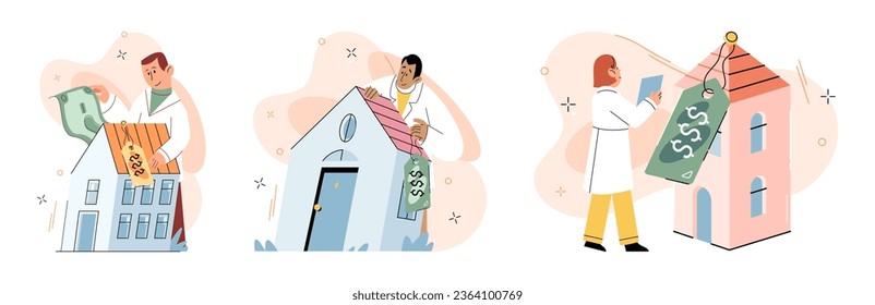Búsqueda inmobiliaria. Ilustración vectorial Comprar propiedades residenciales implicó evaluar la condición de las propiedades Personas que buscan una casa se basaron en el concepto de búsqueda inmobiliaria para encontrar los listados disponibles