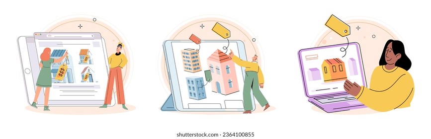 Real estate search. Vector illustration Investing in house through buying offered long-term stability The property with mortgage provided individuals with place to call home Buyers considered
