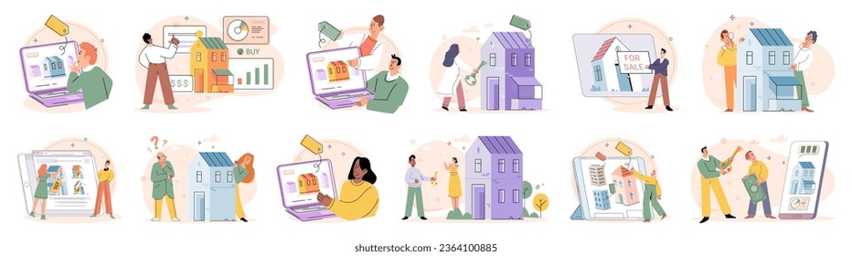 Real estate search. Vector illustration Buyers were excited to buy new home met their criteria Renting and investing in house allowed individuals to diversify their investment portfolio The mortgage