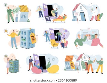 Real estate search. Vector illustration People looking for home relied on real estate search concept to narrow down choices Investing in house with mortgage provided means building equity The property