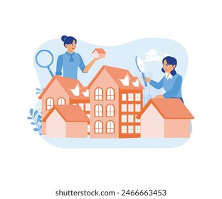 Real estate search. Women are buying or renting a house online. Real estate business concept. Flat vector illustration.