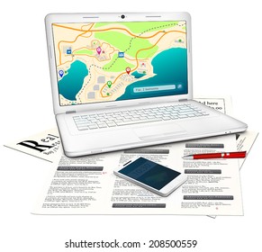 Real estate searching concept: Silver modern laptop with online city map on display, newspaper with classified real estate ads, red ballpoint pen, white touchscreen mobile phone. Isolated on white.