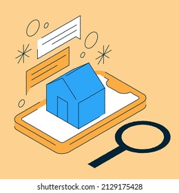 Real estate searching isometric vector illustration. Finding best house for buying rent use magnifying glass. House with smartphone and magnifying glass. Online searching for the best option concept.