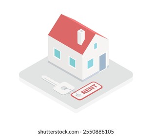Real estate searching isometric vector illustration. Finding best house for buying rent use magnifying glass. House with smartphone and magnifying glass. Online searching for the best option concept.