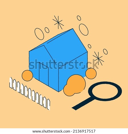 Real estate searching isometric vector illustration. Finding best house for buying rent use magnifying glass. Choosing residential apartment concept.
