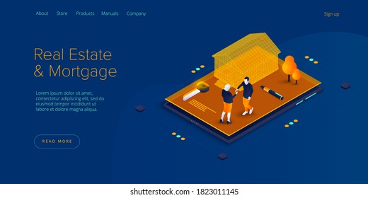 Real estate searching service app. Property mortgage or loan concept in isometric vector illustration. Home buying or property rent payment system. Web banner for finding house application.