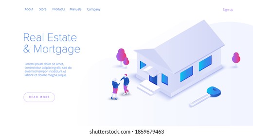 Real estate searching service app. Property mortgage or loan concept in isometric vector illustration. Home buying or property rent payment system. Web banner for finding house application.