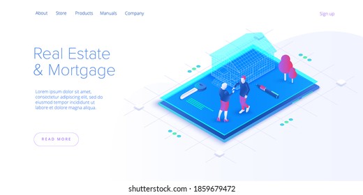 Real estate searching service app. Property mortgage or loan concept in isometric vector illustration. Home buying or property rent payment system. Web banner for finding house application.