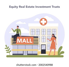 Real estate sector of the economy. Real estate management, investment selection and mortgage development. Real estate industry. Vector flat illustration